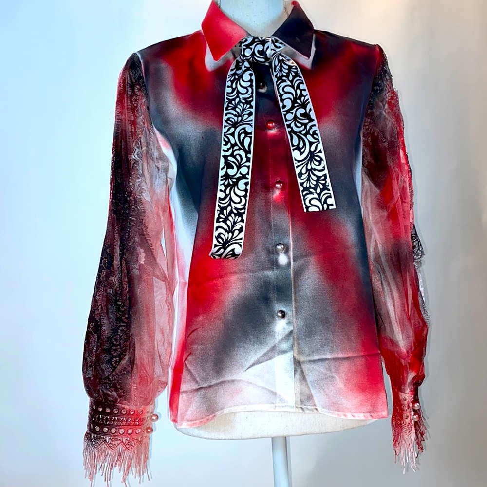 Edwardian punk chiffon pearl button down blouse